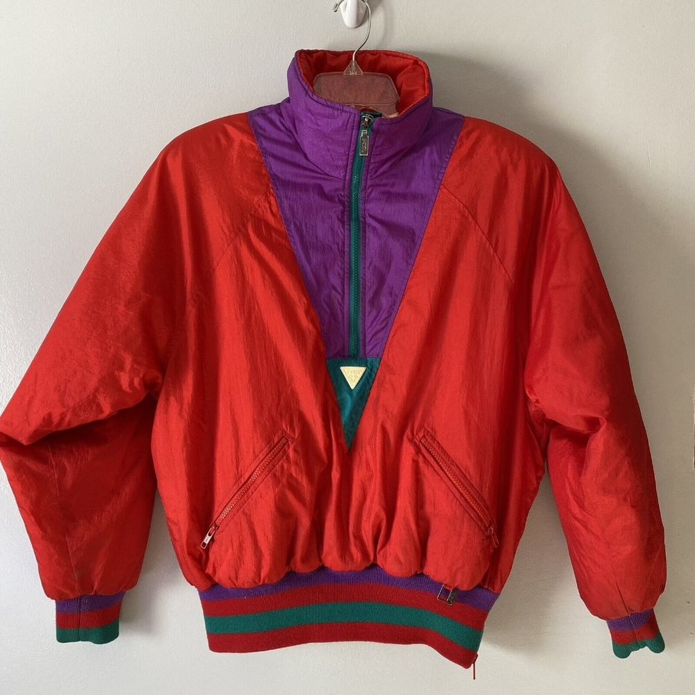 Vintage Red Ski Jacket with Purple Chest Panel and Teal Trim